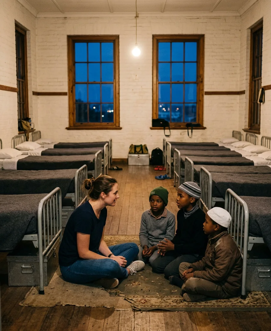 A volunteer sitting at eye level with children at Darul Uloom