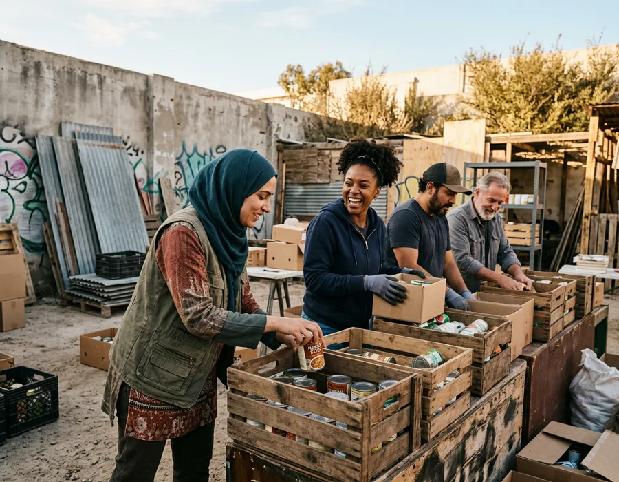 Volunteers sorting supplies into crates before a distribution